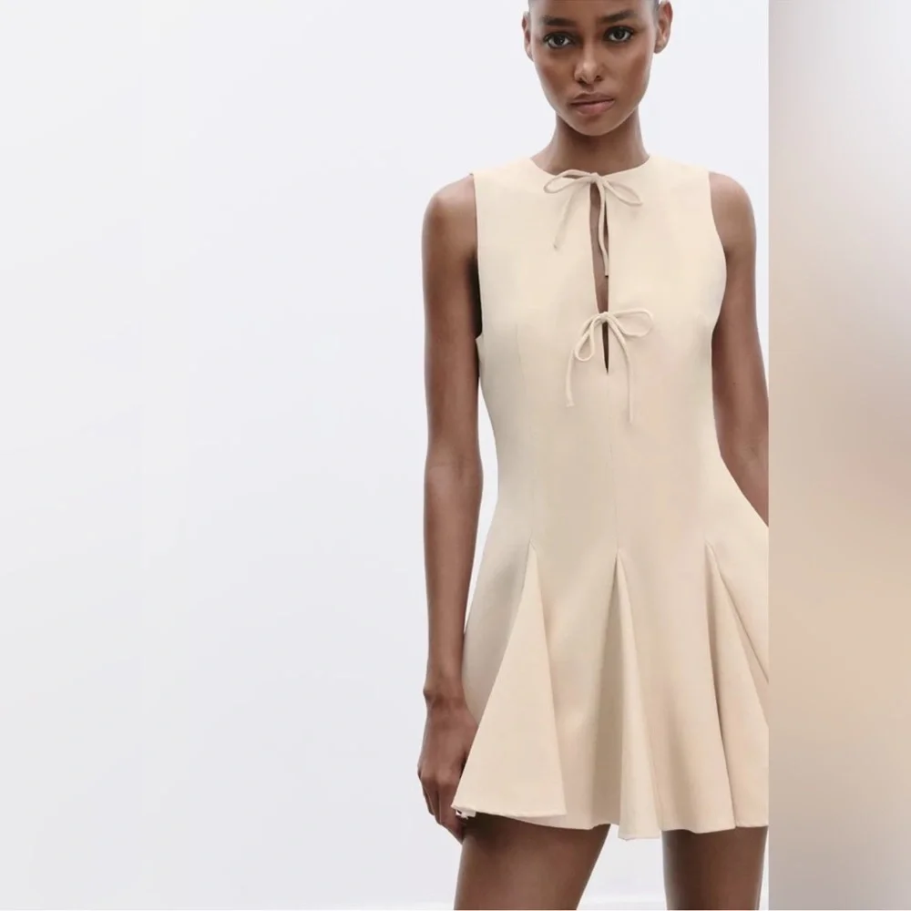 Zara Beige Mini Godet Fit & Flare Dress w/ Front Bow Detail, Sleeveless Sz M NWT - Picture 5 of 8
